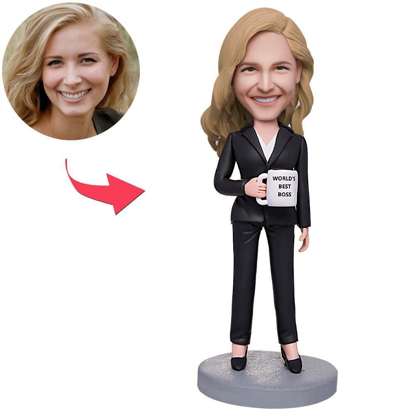 Picture of Custom Bobbleheads: Business Woman Holding A Best Boss Mug | Personalized Bobbleheads for the Special Someone as a Unique Gift Idea