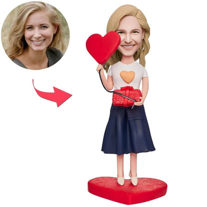 Picture of Custom Bobbleheads: Beautiful Girl Holding a Gift Box and a Love Heart | Personalized Bobbleheads for the Special Someone as a Unique Gift Idea｜Best Gift Idea for Birthday, Christmas, Thanksgiving etc.