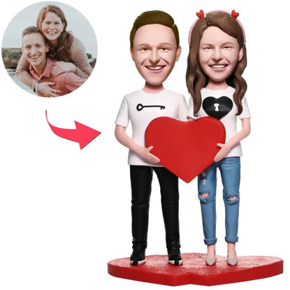 Picture of Custom Bobbleheads: Anniversary Gift Love Lock With Heart Couple | Personalized Bobbleheads for the Special Someone as a Unique Gift Idea｜Best Gift Idea for Birthday, Christmas, Thanksgiving etc.