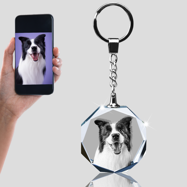 Picture of Personalized 2D or 3D Crystal Photo Keychain Gift in Octagon Shape Crystal - Custom Photo Keychain - Pet Lover Gift