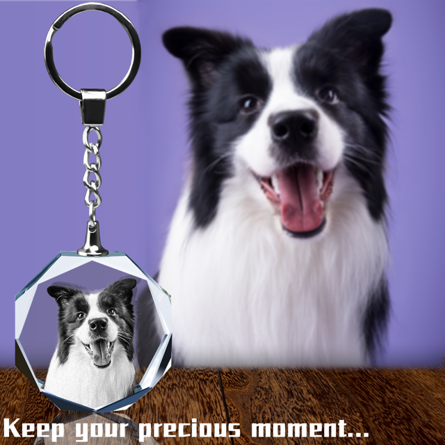 Picture of Personalized 2D or 3D Crystal Photo Keychain Gift in Octagon Shape Crystal - Custom Photo Keychain - Pet Lover Gift