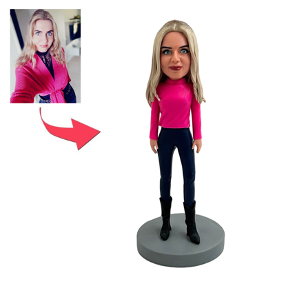 Picture of Custom Bobbleheads: Modern Women In Pink Shirt | Personalized Bobbleheads for the Special Someone as a Unique Gift Idea｜Best Gift Idea for Birthday, Christmas, Thanksgiving etc.