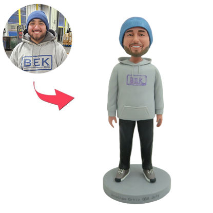 Picture of Custom Bobbleheads:  Man With Hoodie and Blue Hat | Personalized Bobbleheads for the Special Someone as a Unique Gift Idea｜Best Gift Idea for Birthday, Christmas, Thanksgiving etc.