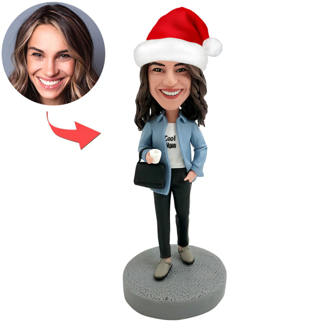 Picture of Working Woman with Santa Hat | Personalized Bobbleheads for the Special Someone as a Unique Gift Idea
