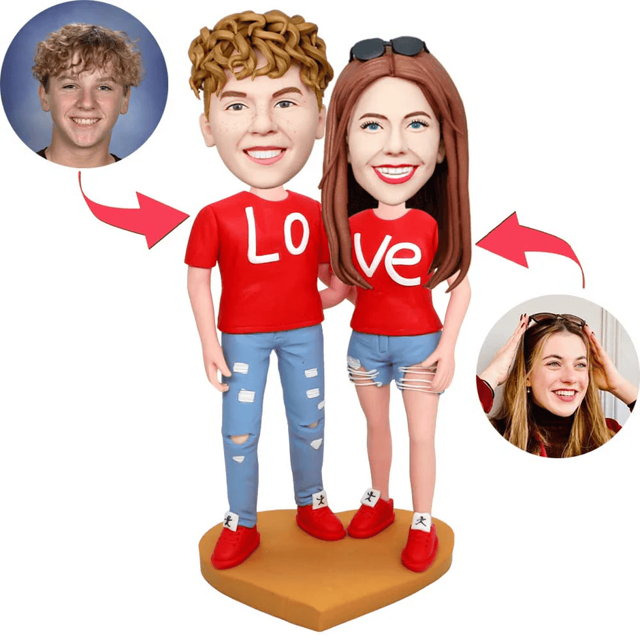 Picture of Custom Bobbleheads: Couple In Red Couple T-shirt | Personalized Bobbleheads for the Special Someone as a Unique Gift Idea｜Best Gift Idea for Birthday, Christmas, Thanksgiving etc.