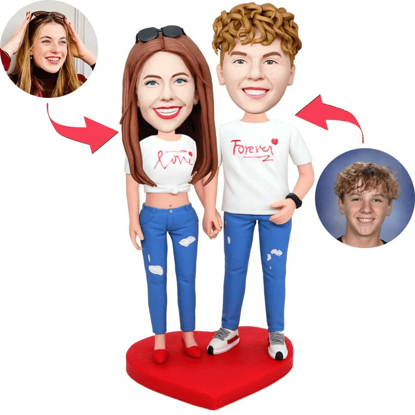 Picture of Custom Bobbleheads: Happy Couple In White Couple T-shirt | Personalized Bobbleheads for the Special Someone as a Unique Gift Idea｜Best Gift Idea for Birthday, Christmas, Thanksgiving etc.